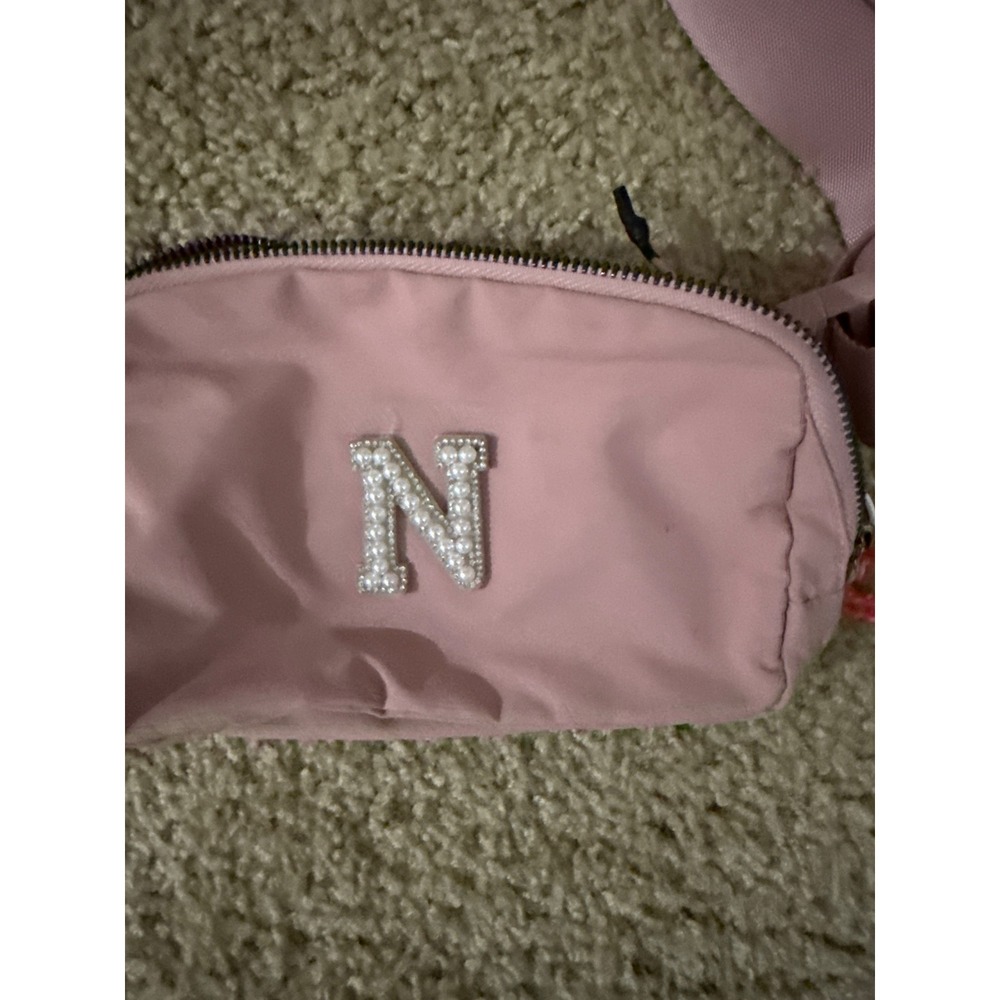 Pink Nylon Belt Bag Pearl Rhinestone N Initial Fanny Pack